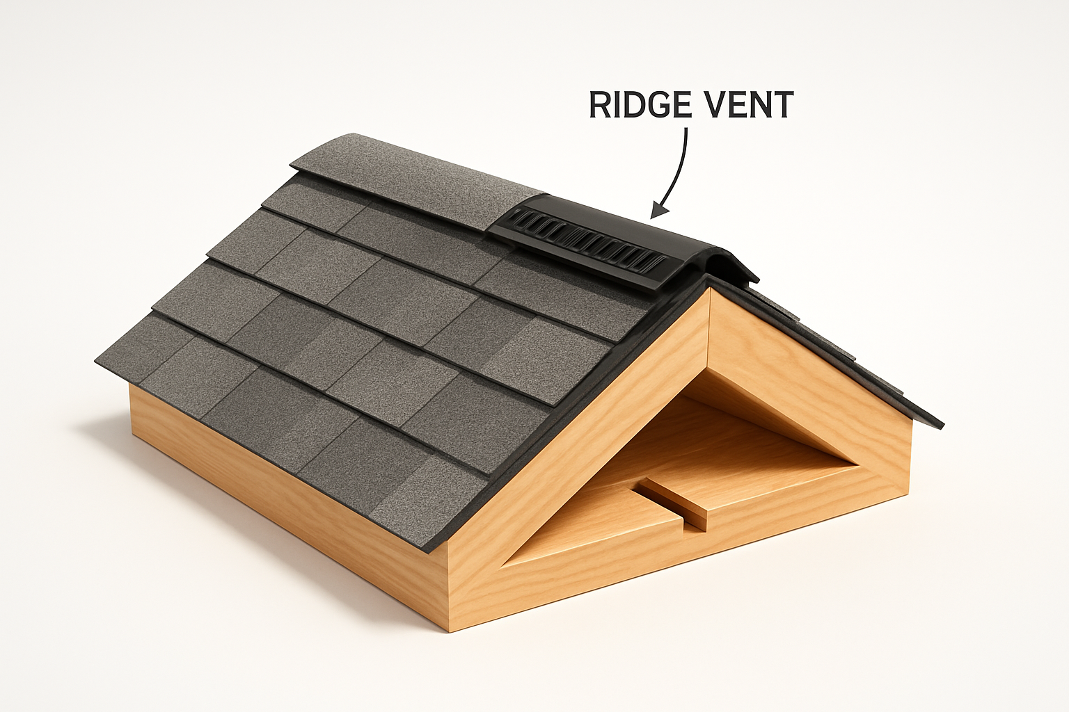 3dmodel Photorealistic 3D cutaway architectural model of a residential roof peak section on a clean white background The model shows three labeled lay
