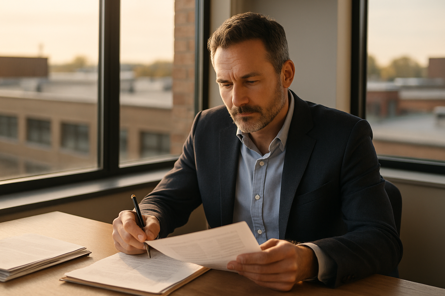 photographic Business owner reviewing documents at a desk near a large window commercial building rooftops visible outside Natural morning light strea-1
