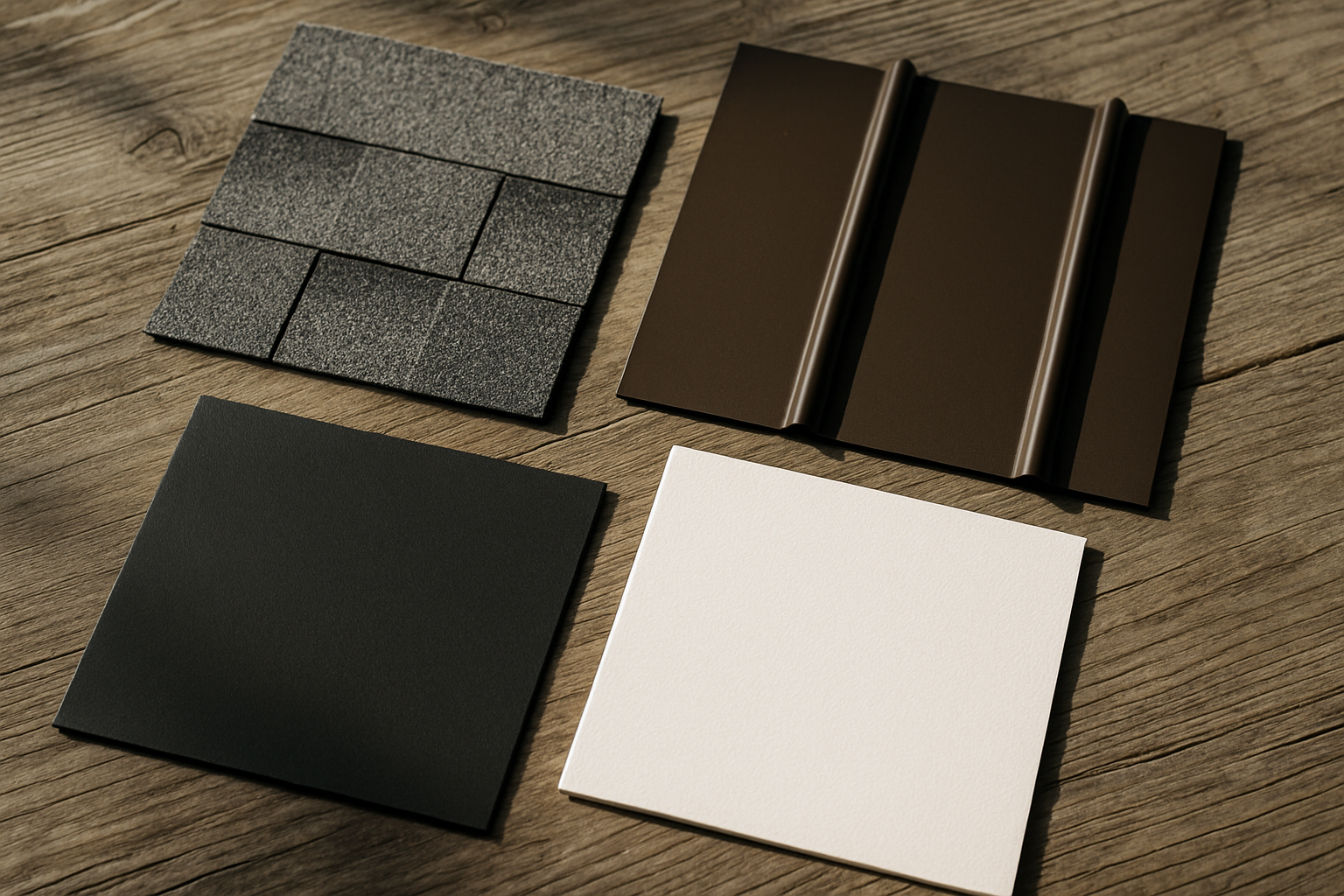 photographic Closeup flat lay of four roofing material samples arranged on weathered wood surface a gray architectural asphalt shingle showing dimens-1