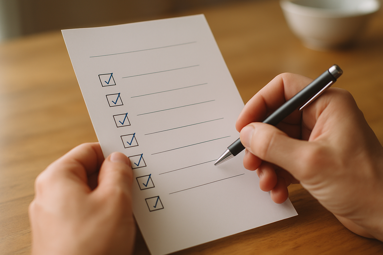 photographic Closeup of hands holding a white paper checklist with multiple checkbox items most boxes checked off with blue checkmarks A pen in one ha-1