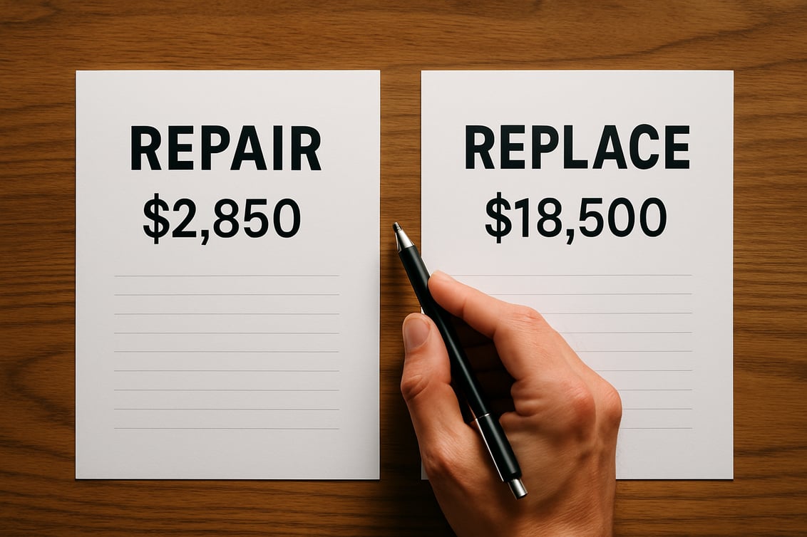photographic Closeup overhead shot looking straight down at two estimate documents on a wooden table surface Left paper shows REPAIR in large bold bla-1