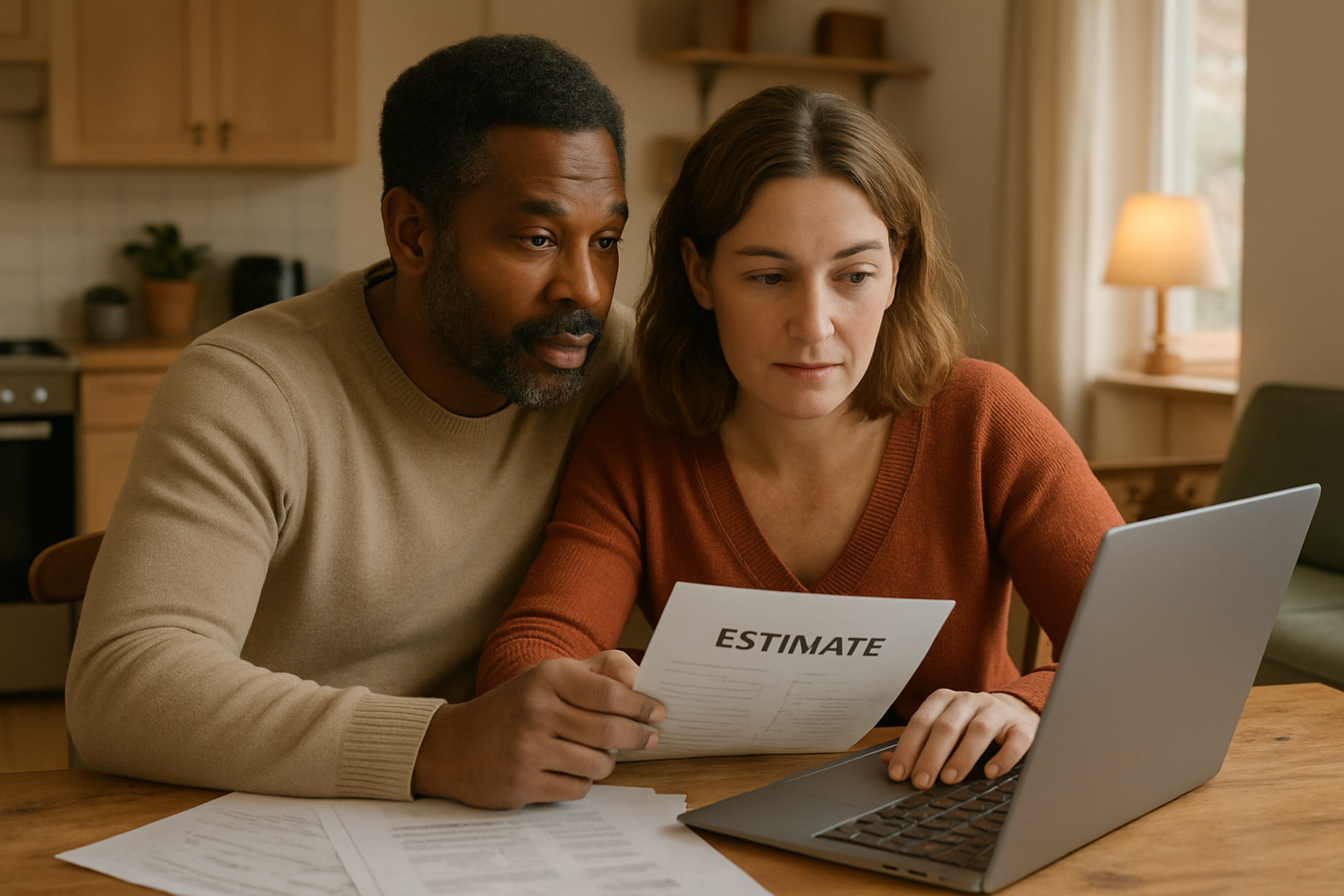 photographic Couple sitting together at dining table looking at home repair estimates on a laptop paperwork spread out Collaborative discussion comfor-Jan-23-2026-04-36-33-5462-PM