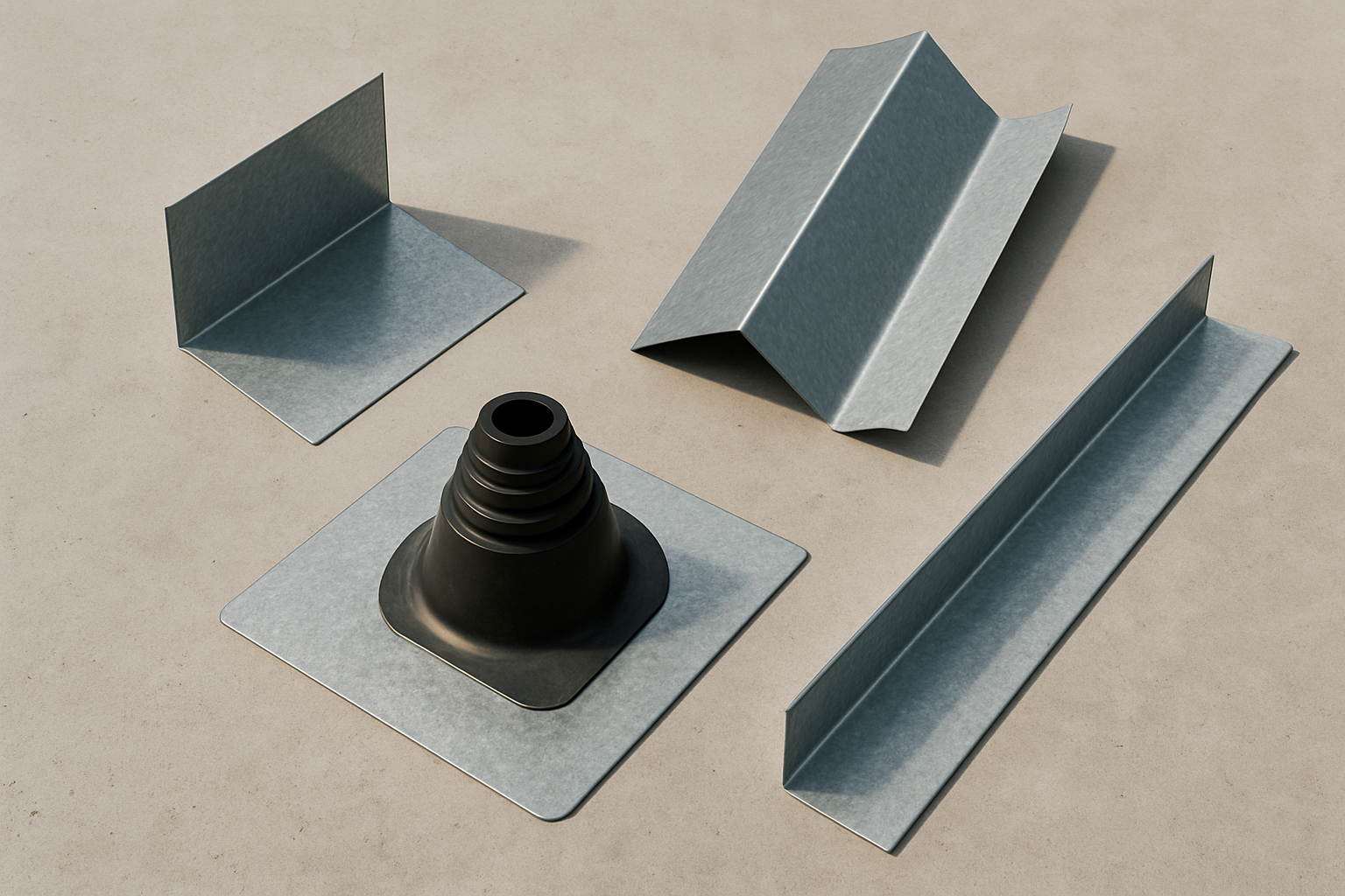 photographic Flat lay arrangement of different roof flashing pieces on a clean concrete surface  a piece of Lshaped step flashing a section of valley-1