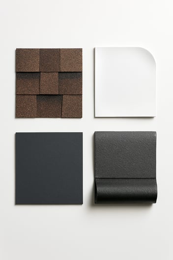 photographic Flat lay arrangement of different roofing material samples on a clean white surface asphalt shingles TPO membrane EPDM rubber and modifi-1