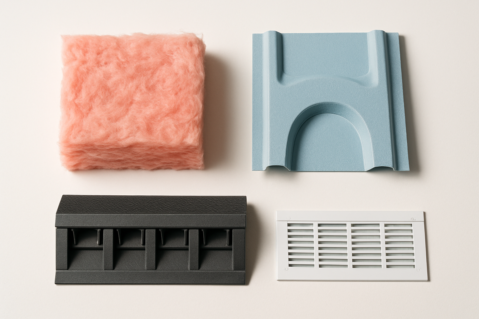 photographic Flat lay overhead shot of attic components arranged on a clean white surface a crosssection sample of pink fiberglass insulation batt a p