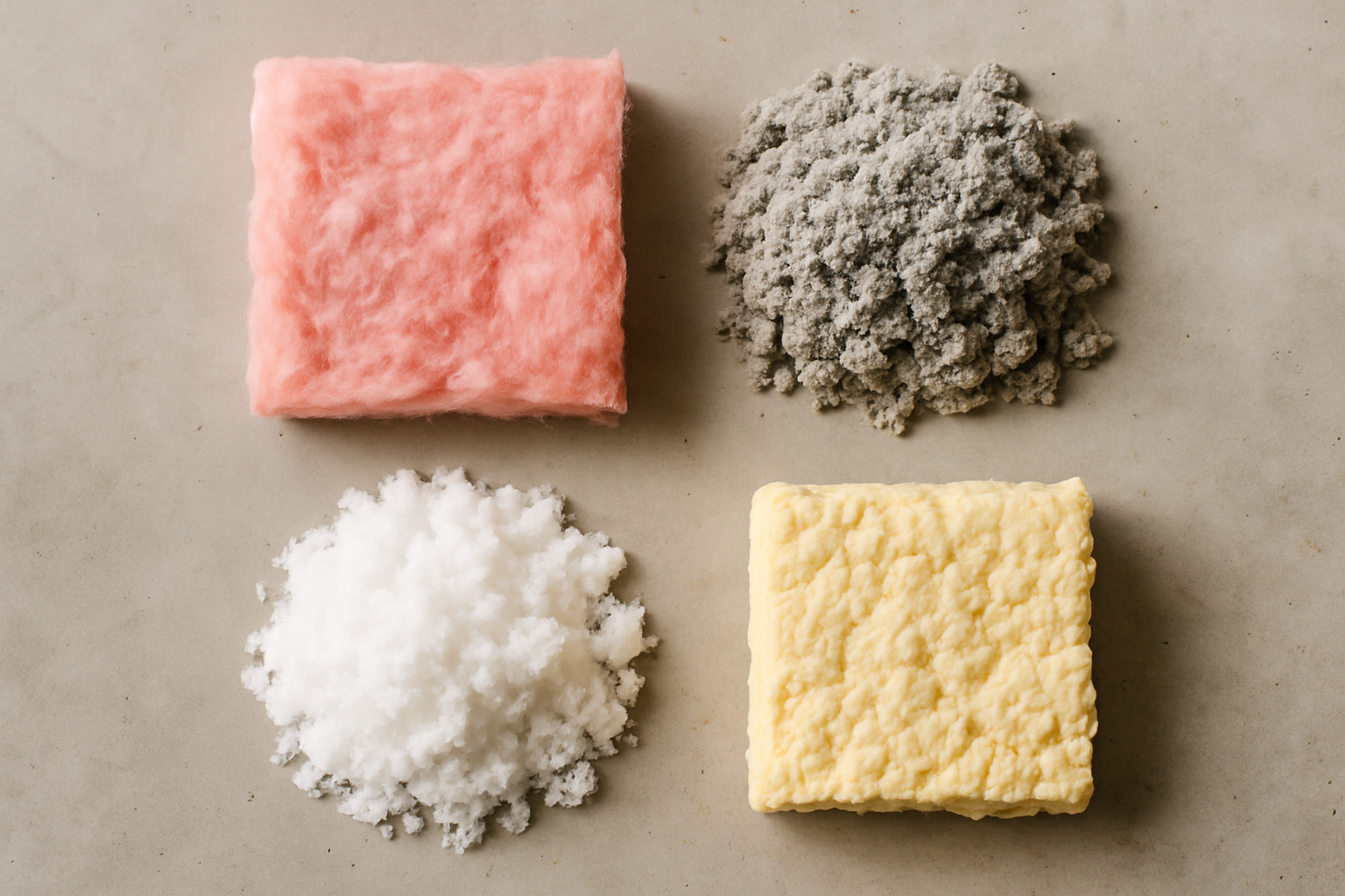 photographic Flat lay overhead shot of four attic insulation material samples arranged in a 2x2 grid on a clean concrete workshop surface Top left pin