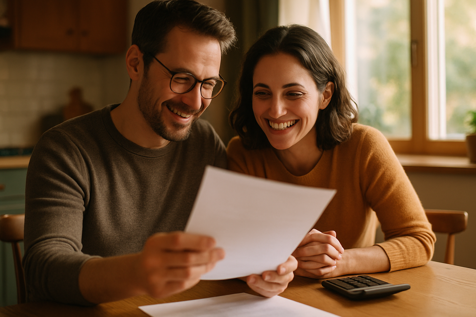 photographic Homeowner couple sitting at their kitchen table visible relief and hope on their faces as they look at paperwork together One is holding-1