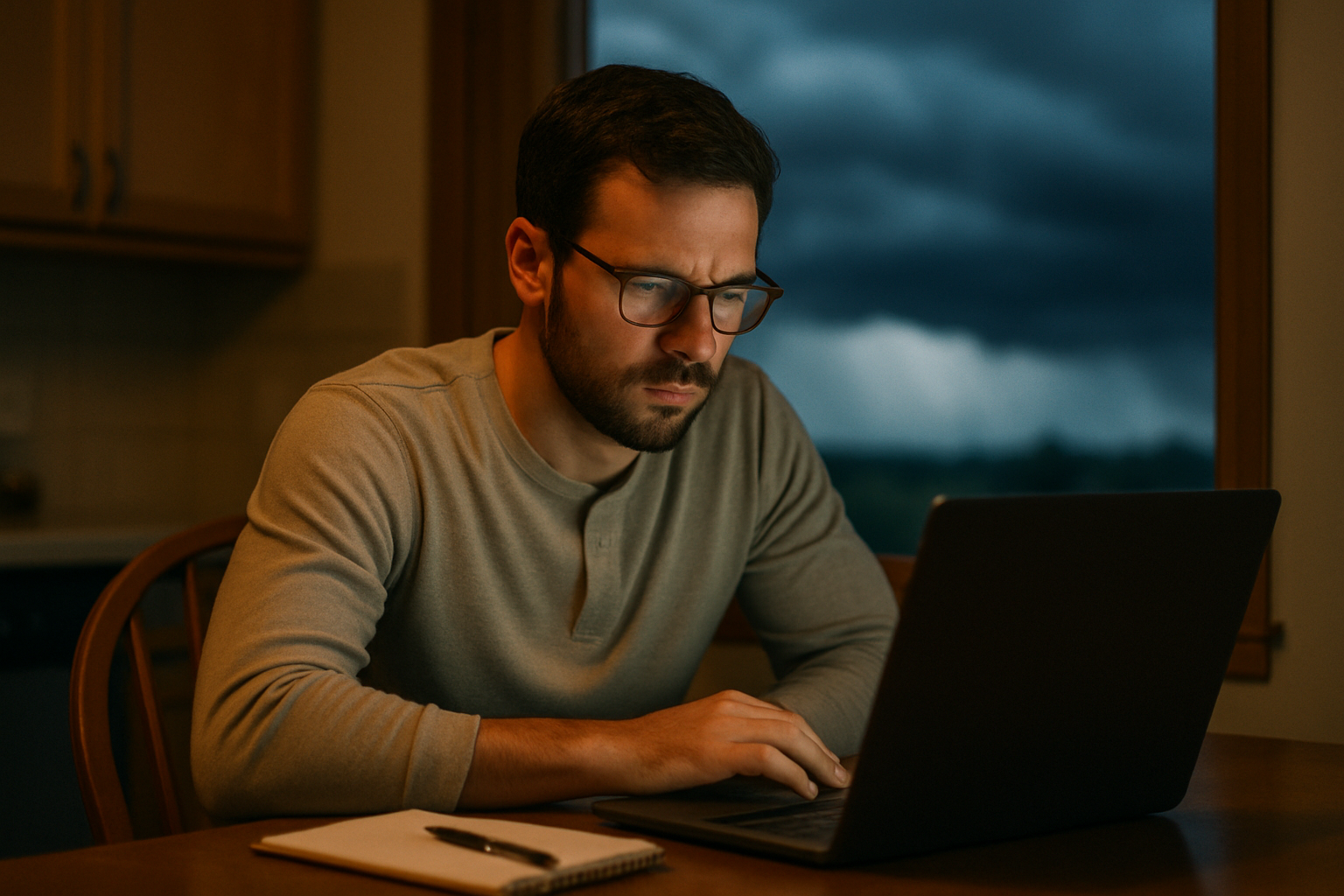 photographic Homeowner sitting at a kitchen table with a laptop open screen facing away from camera so text is not visible notepad and pen beside them