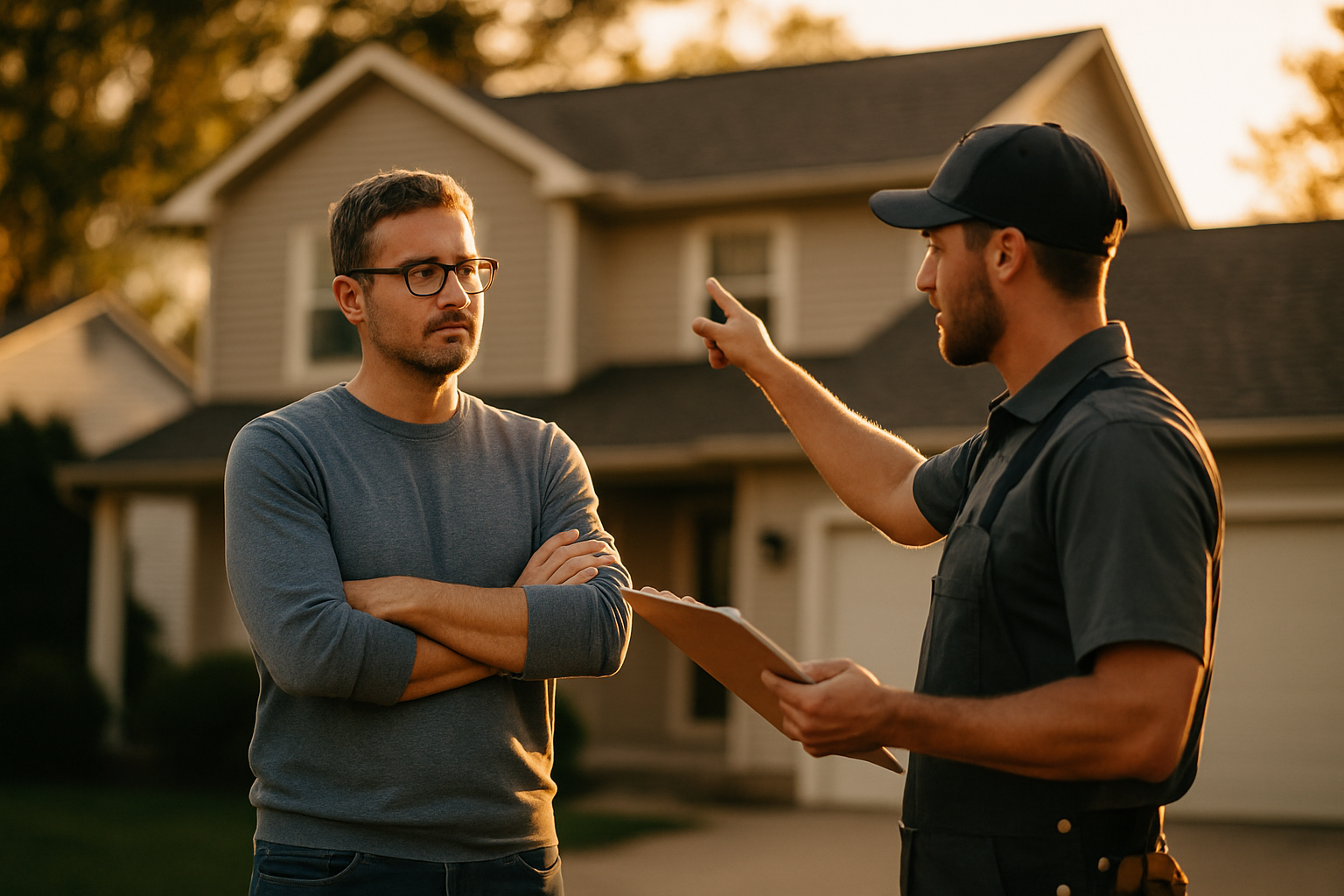 photographic Homeowner standing in their driveway having a conversation with a roofing contractor holding a clipboard both seen from a slight distance-3