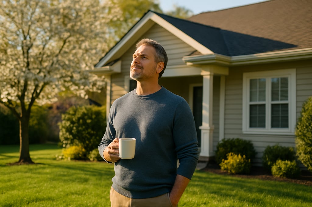 photographic Homeowner standing in their front yard on a bright spring morning coffee in hand looking up at their roof with a calm satisfied expressio-3