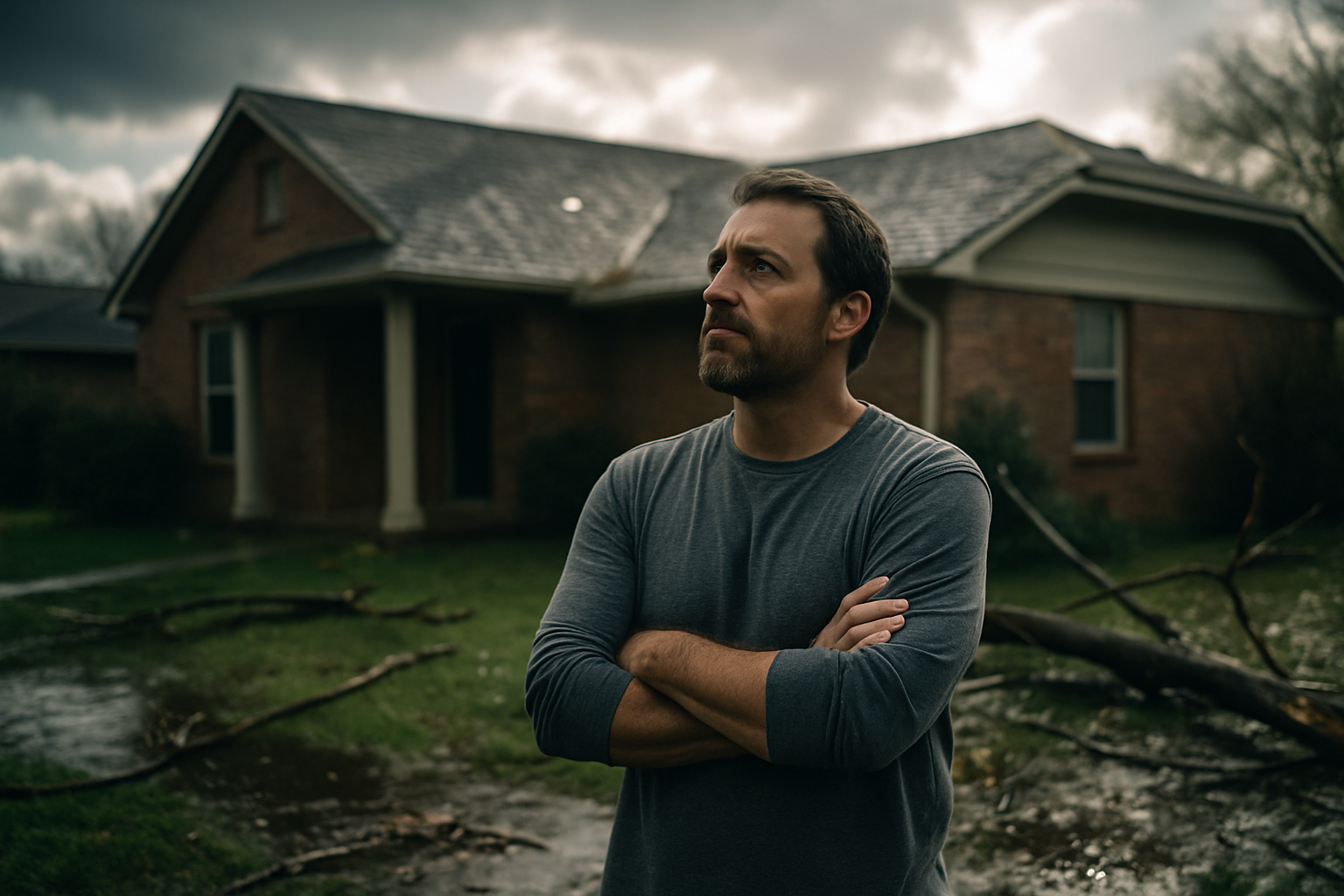 photographic Homeowner standing in their front yard the morning after a storm arms crossed carefully scanning their roofline with a focused investigat-1
