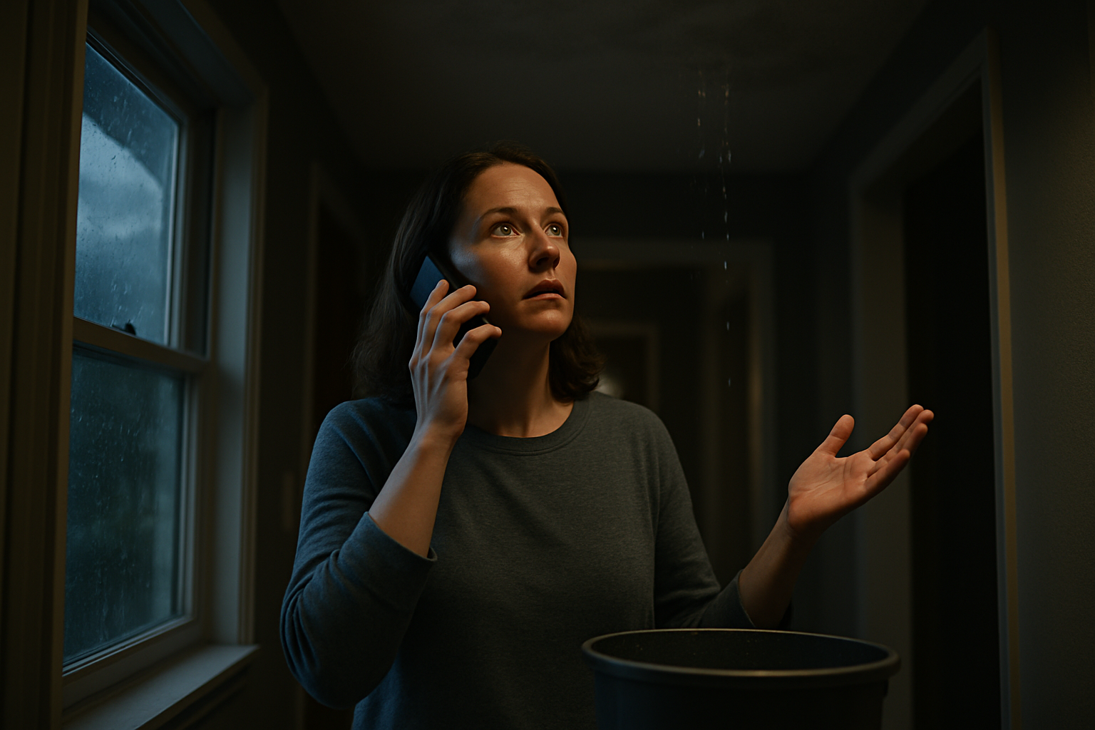 photographic Homeowner standing in their hallway looking up at a ceiling with an active water leak one hand holding their phone to their ear the other