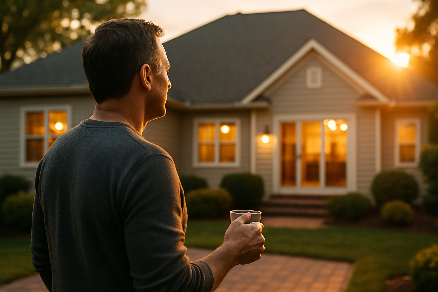 photographic Homeowner standing on their back patio at golden hour coffee mug in hand gazing contentedly at their beautiful wellmaintained home Camera
