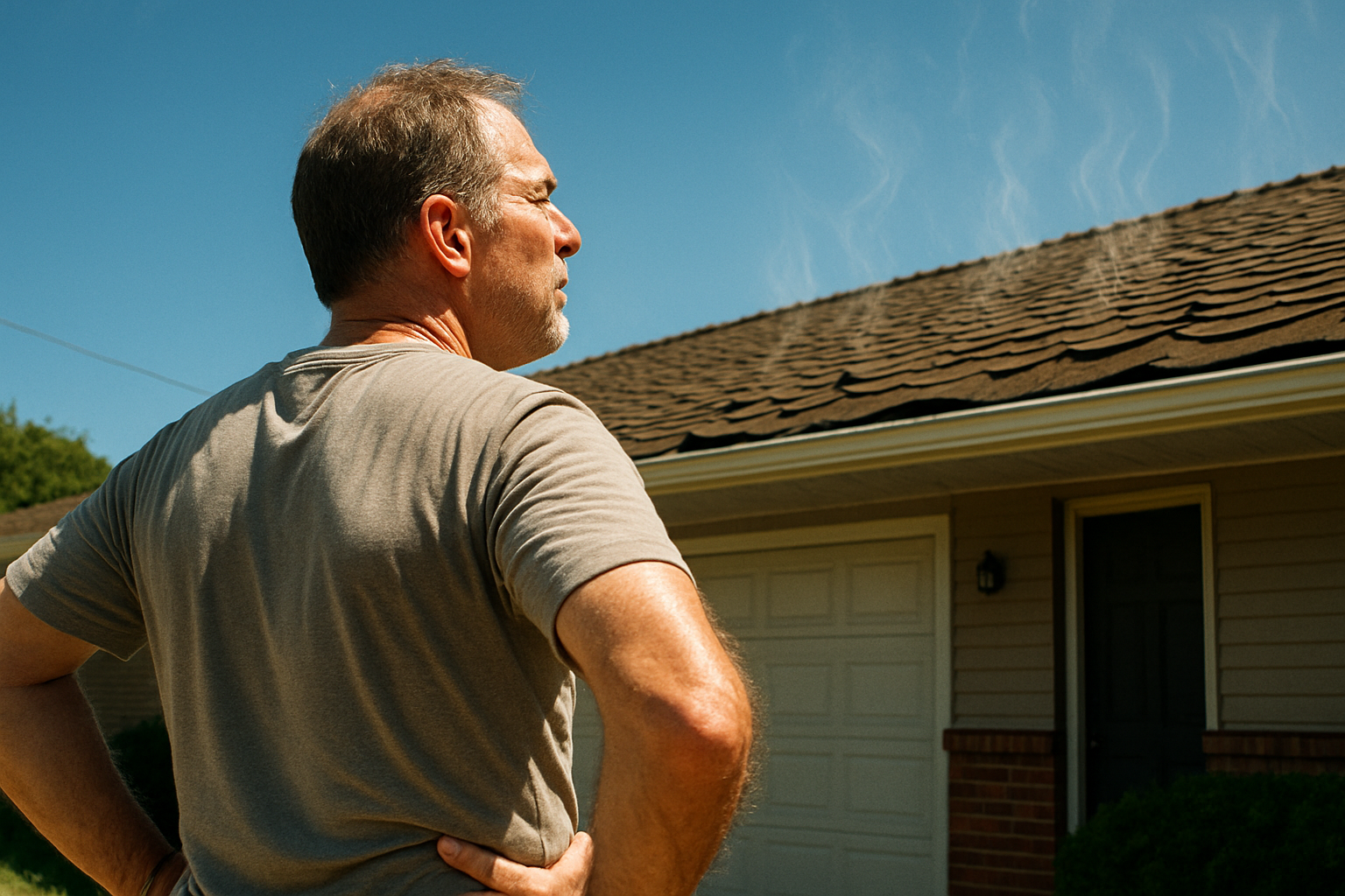 photographic In a photorealistic scene a middleaged homeowner stands in their driveway on a brutally hot summer day hand on hip and squinting with con-1