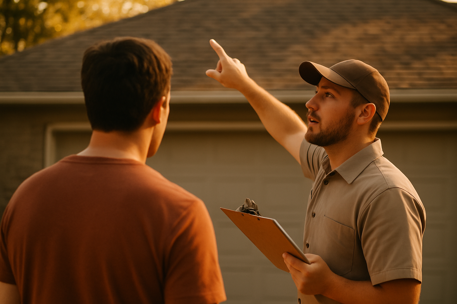 photographic Overtheshoulder shot from behind a homeowner standing in their driveway with a roofing contractor The contractor is pointing up toward th-1