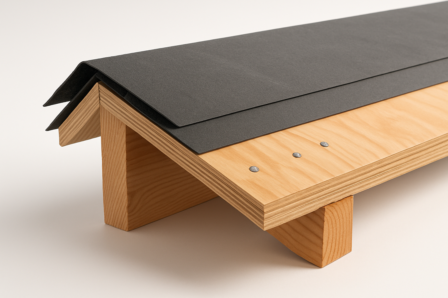 photographic Photorealistic 3D crosssection cutaway of a roof edge showing the layered construction from bottom to top wooden rafter plywood decking p-1