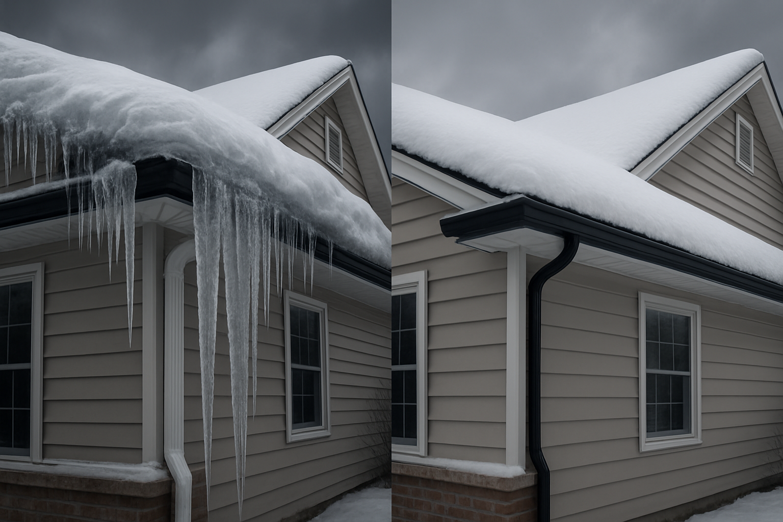 photographic Split image of the same house roof edge in winter Left side massive dangerous icicles hanging from gutters thick ice dam formation along-1