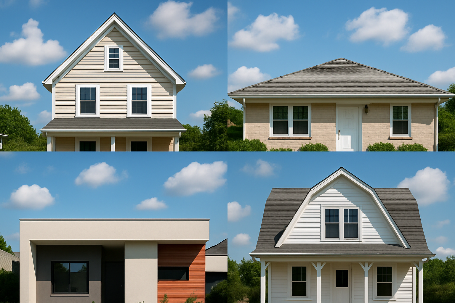 photographic Split image showing four different residential roof styles in a 2x2 grid arrangement Top left classic gable roof on a traditional twostor-1