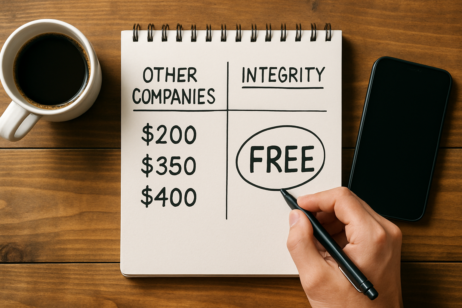 photographic Topdown flat lay shot of a notepad on a wooden kitchen table with handwritten text The notepad shows two columns left column header reads-1