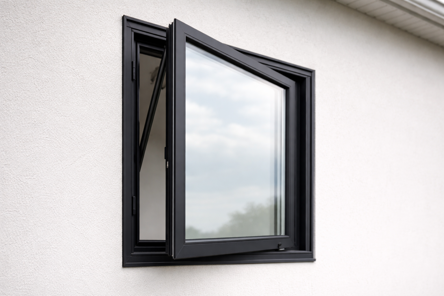 3dmodel Casement  Black framePhotograph of a black vinyl casement window on a white stucco exterior wall window is open outward at a 45 degree angle l-1