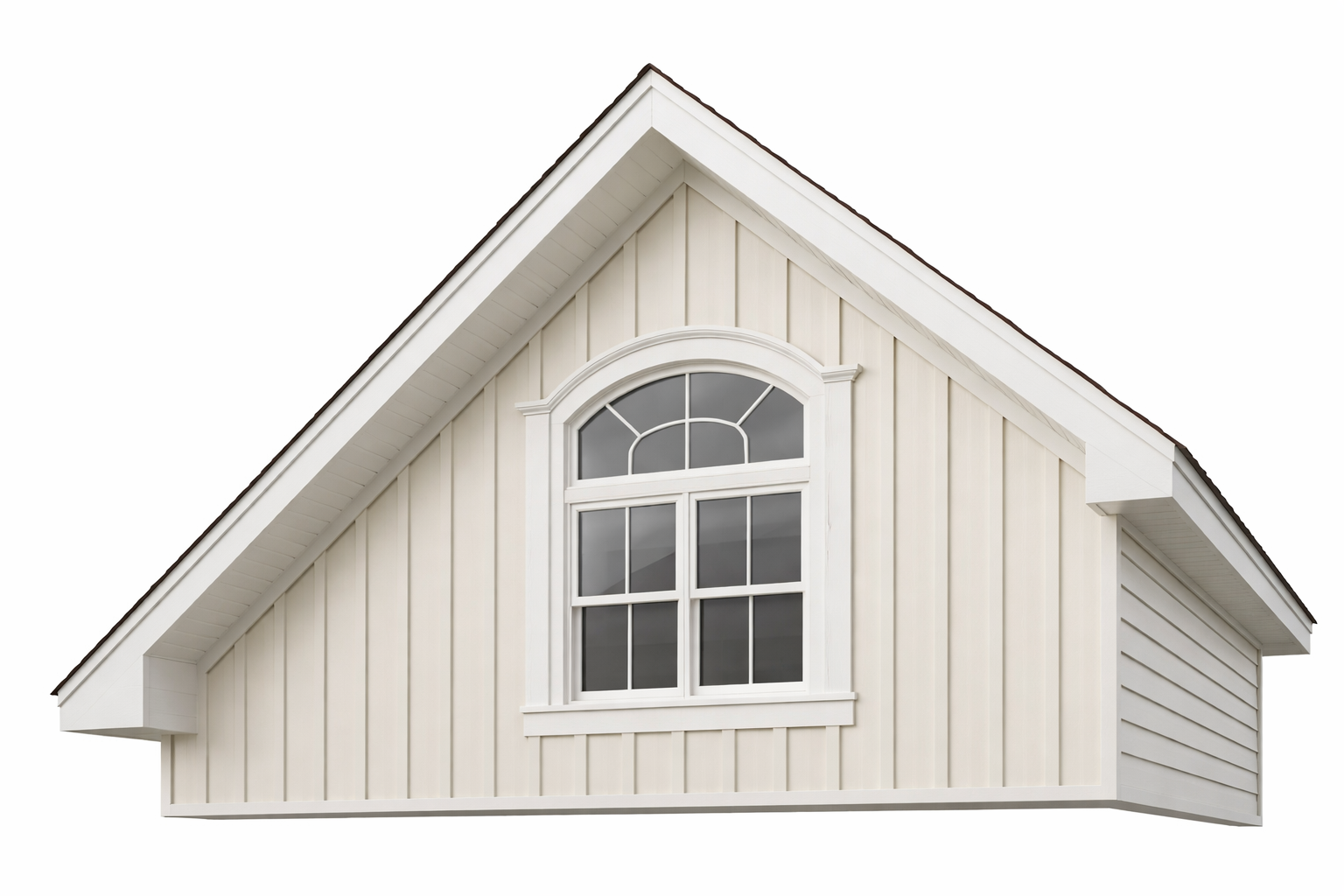 3dmodel The image shows a closeup of a houses gable section with a window and a slanted roof The sky in the background features a vibrant sunset with-4