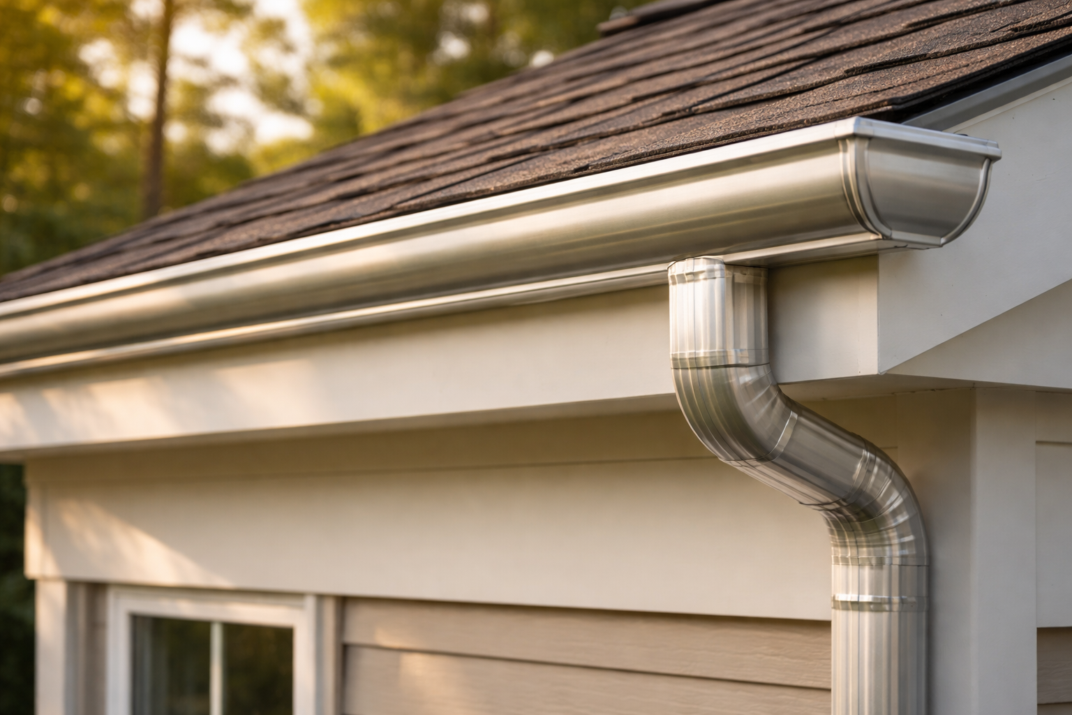 Aluminum Gutters on Residential Roofline at Afternoon Light-1