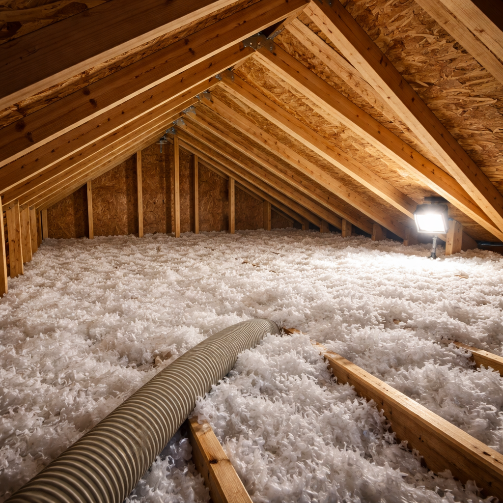 Attic Insulation Between Joists with Visible Trusses and Work Light