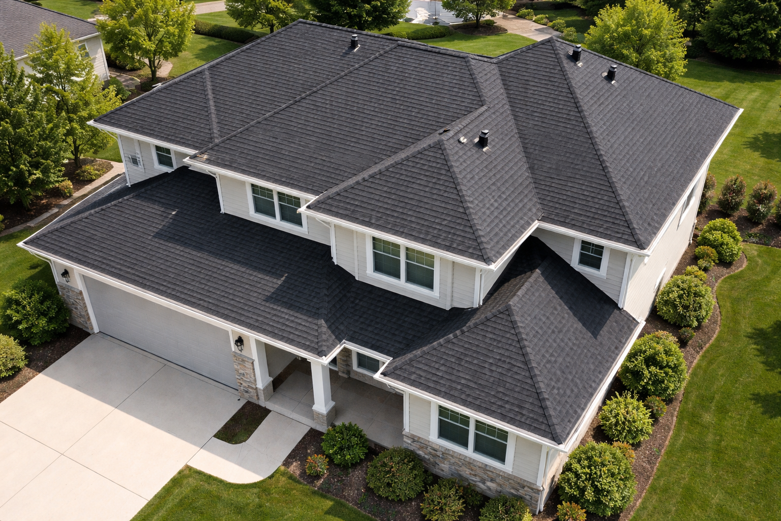Charcoal Shingle Roof Residential House Aerial View