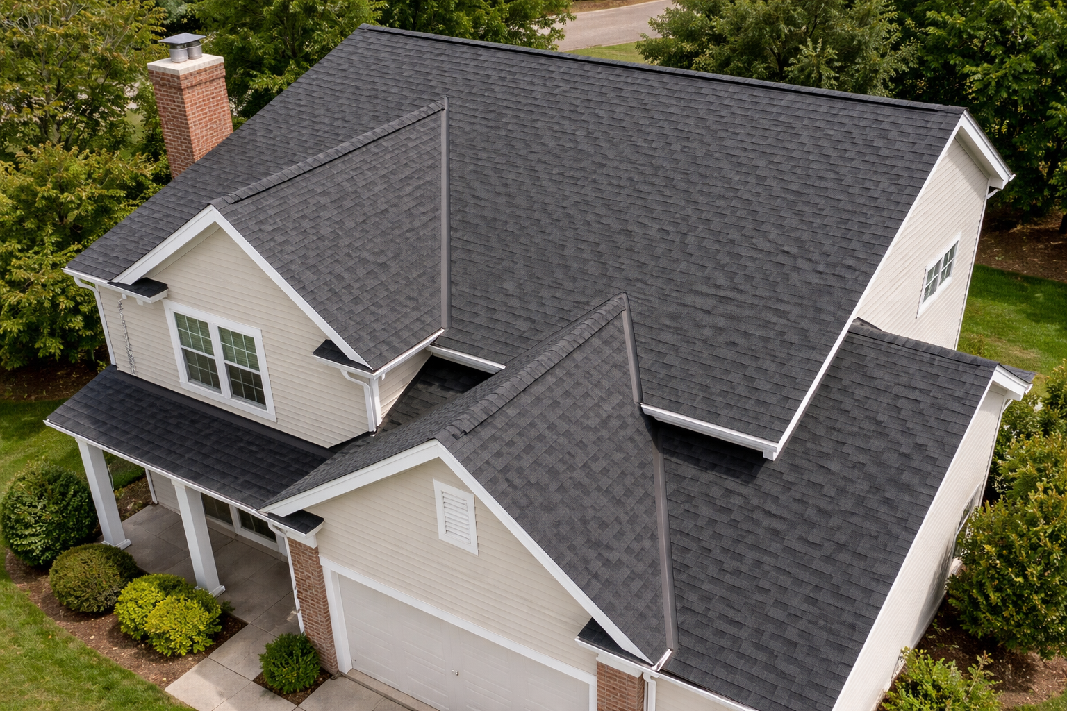 Charcoal Shingles Residential Roof Repair Aerial View