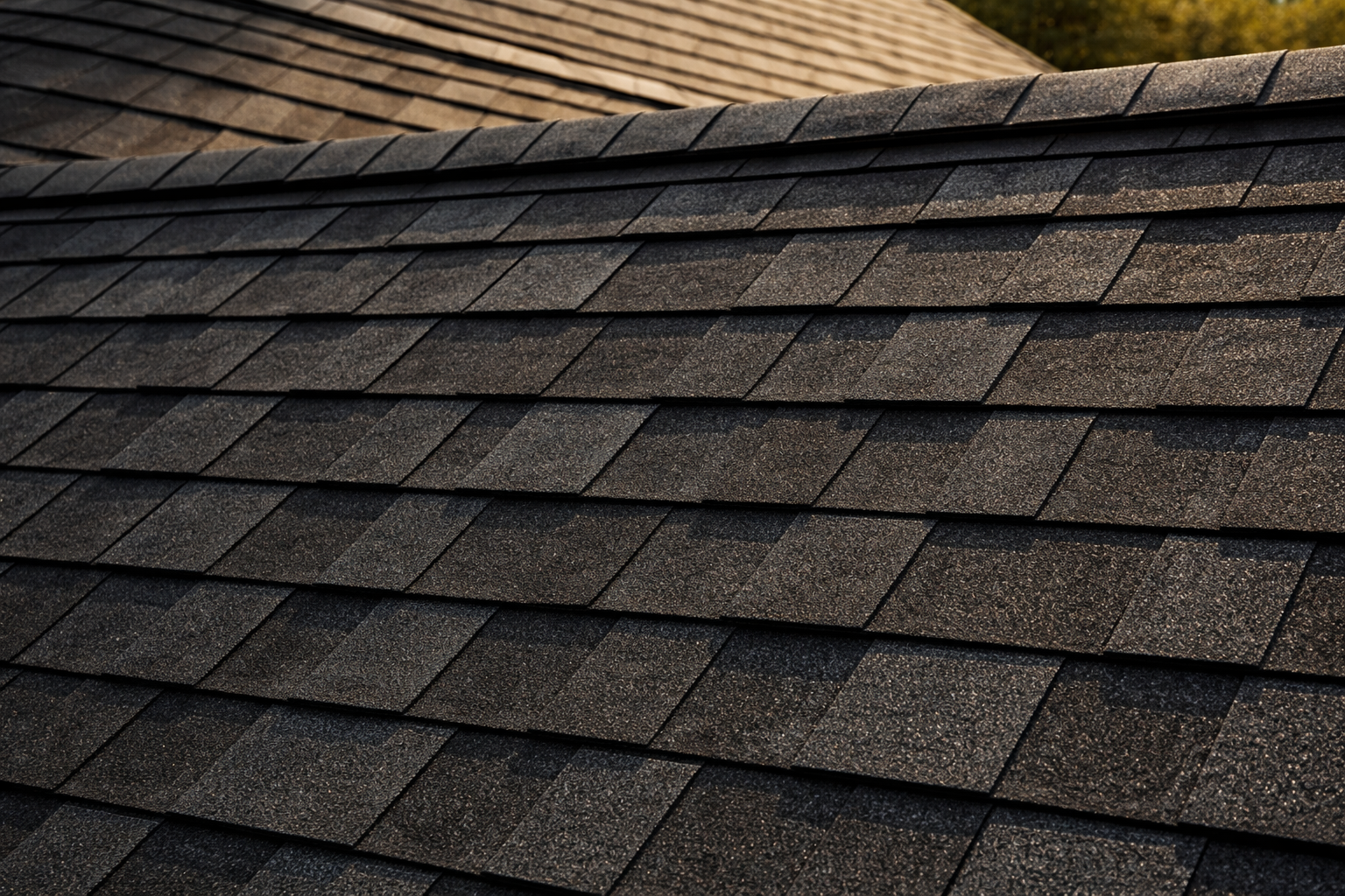 Charcoal Shingles on Residential Roof at Afternoon Light