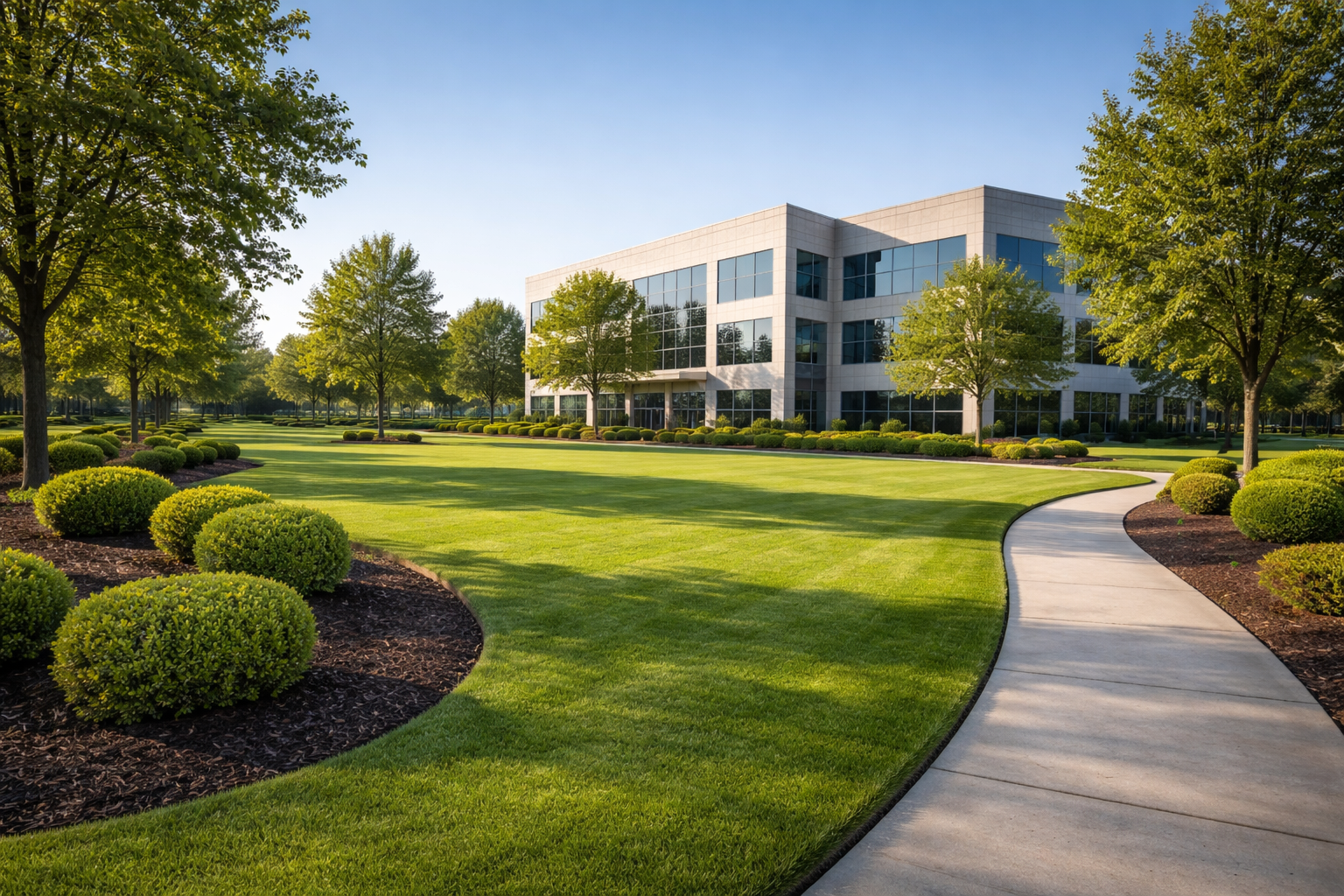 Commercial Property Lawn with Crisp Edges and Clear Blue Sky-1