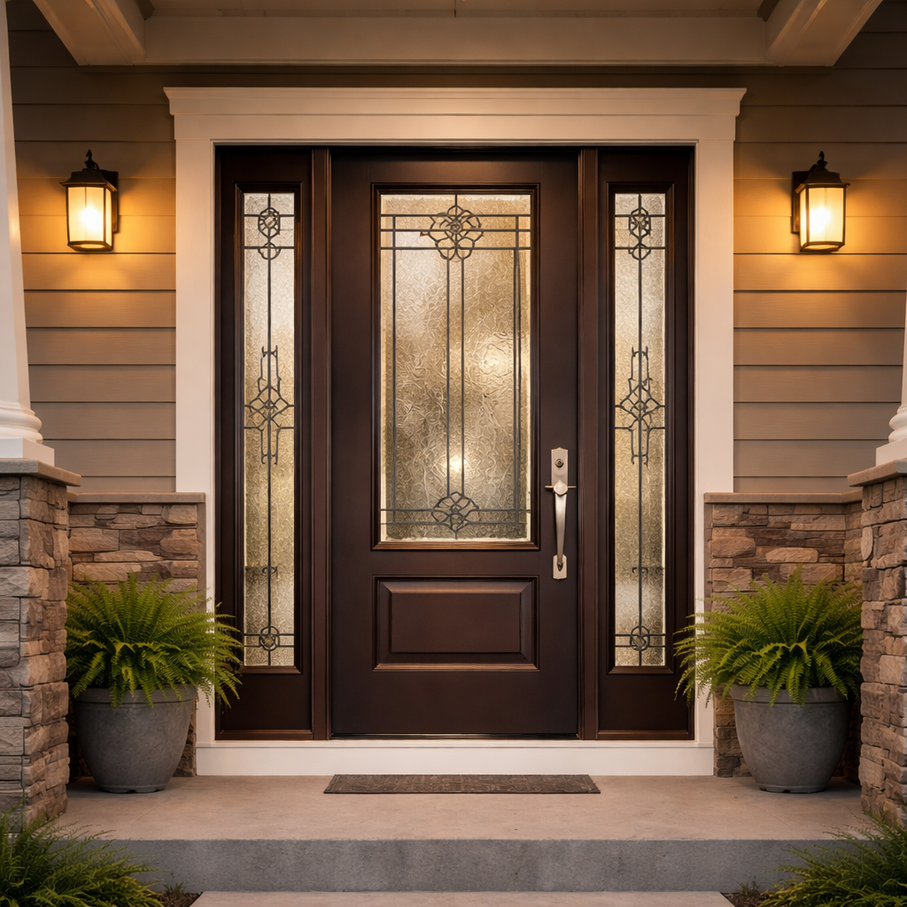 Craftsman Entry Door with Decorative Glass Sidelights