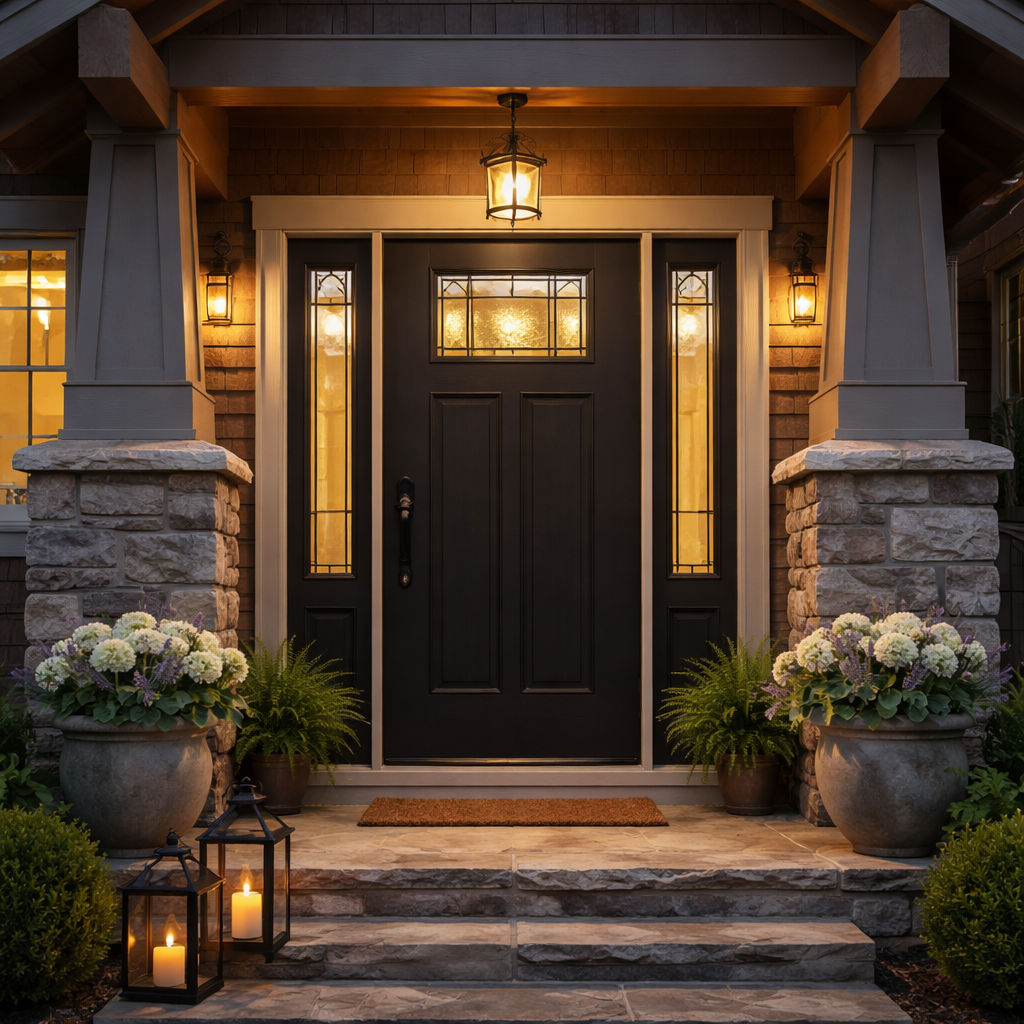 Craftsman Front Door with Sidelights at Dusk