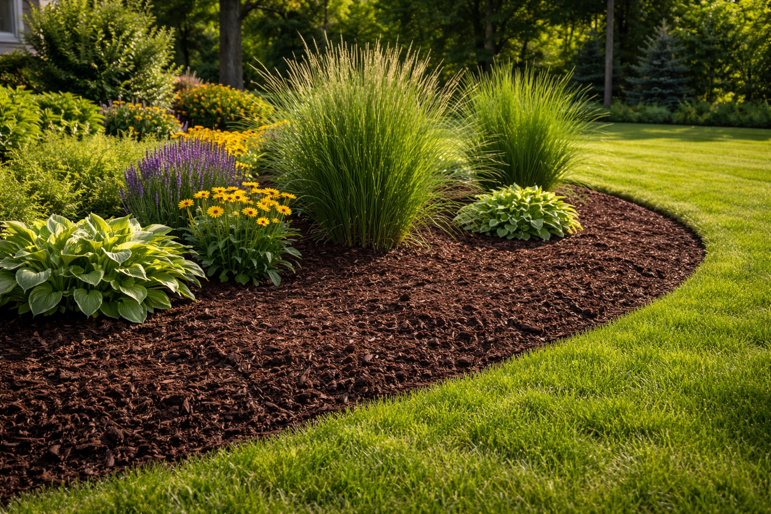 Dark Brown Mulch Spread Around Ornamental Grasses-1