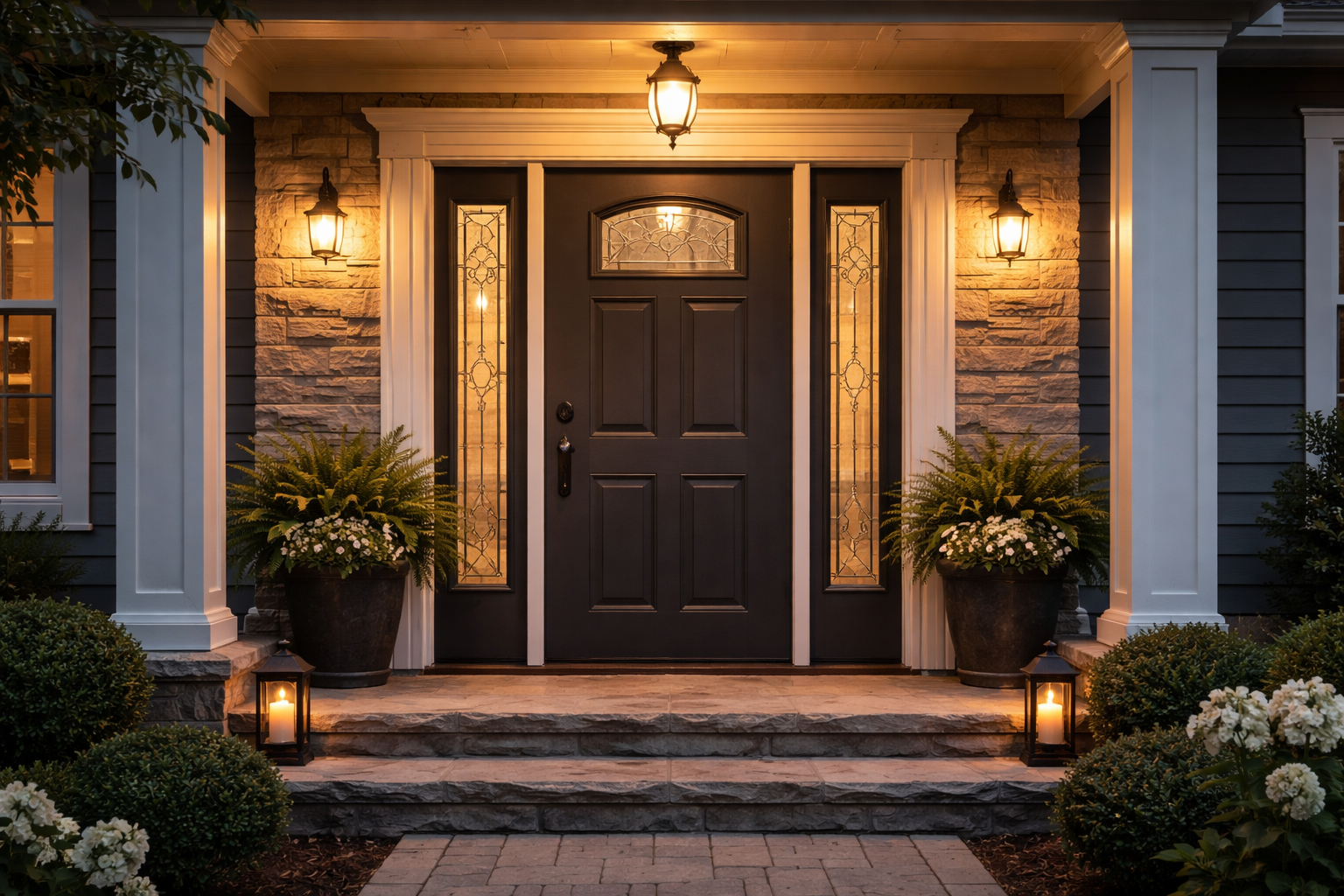 Dark Fiberglass Entry Door with Warm Porch Light at Dusk