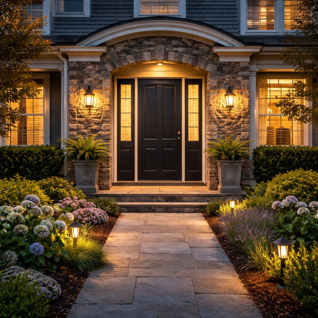 Dusk Front Entrance with Glowing Sidelights and Landscaped Path-1
