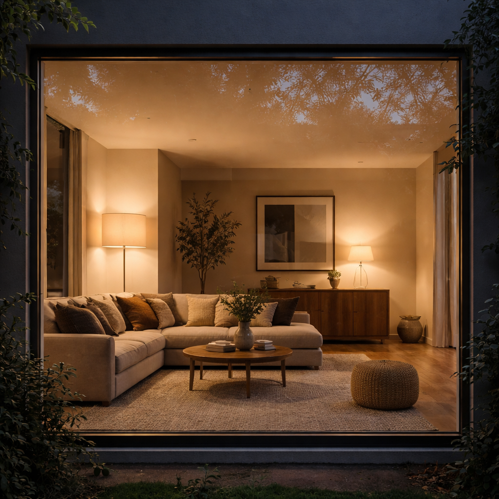 Exterior View Through Picture Window at Dawn-1