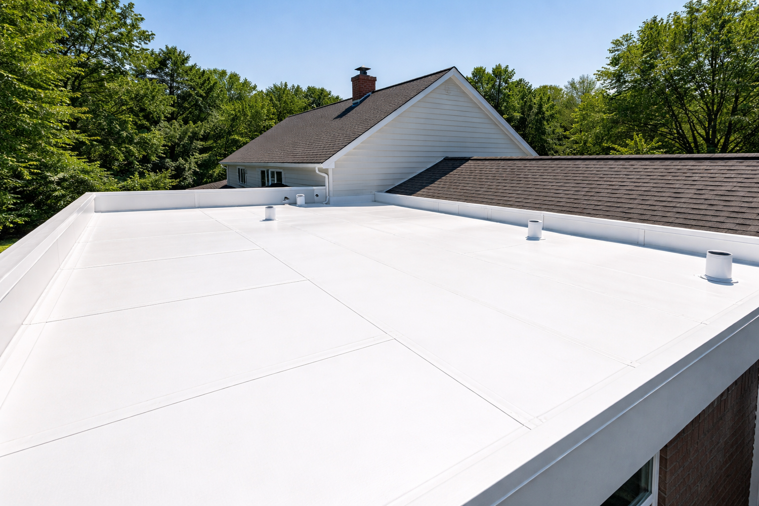 Flat Roof Section with White TPO Membrane and Sealed Seams