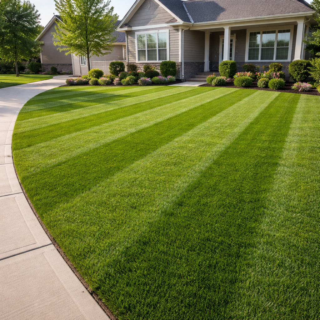 Fresh Mowed Lawn with Crisp Striping and Dew Shine