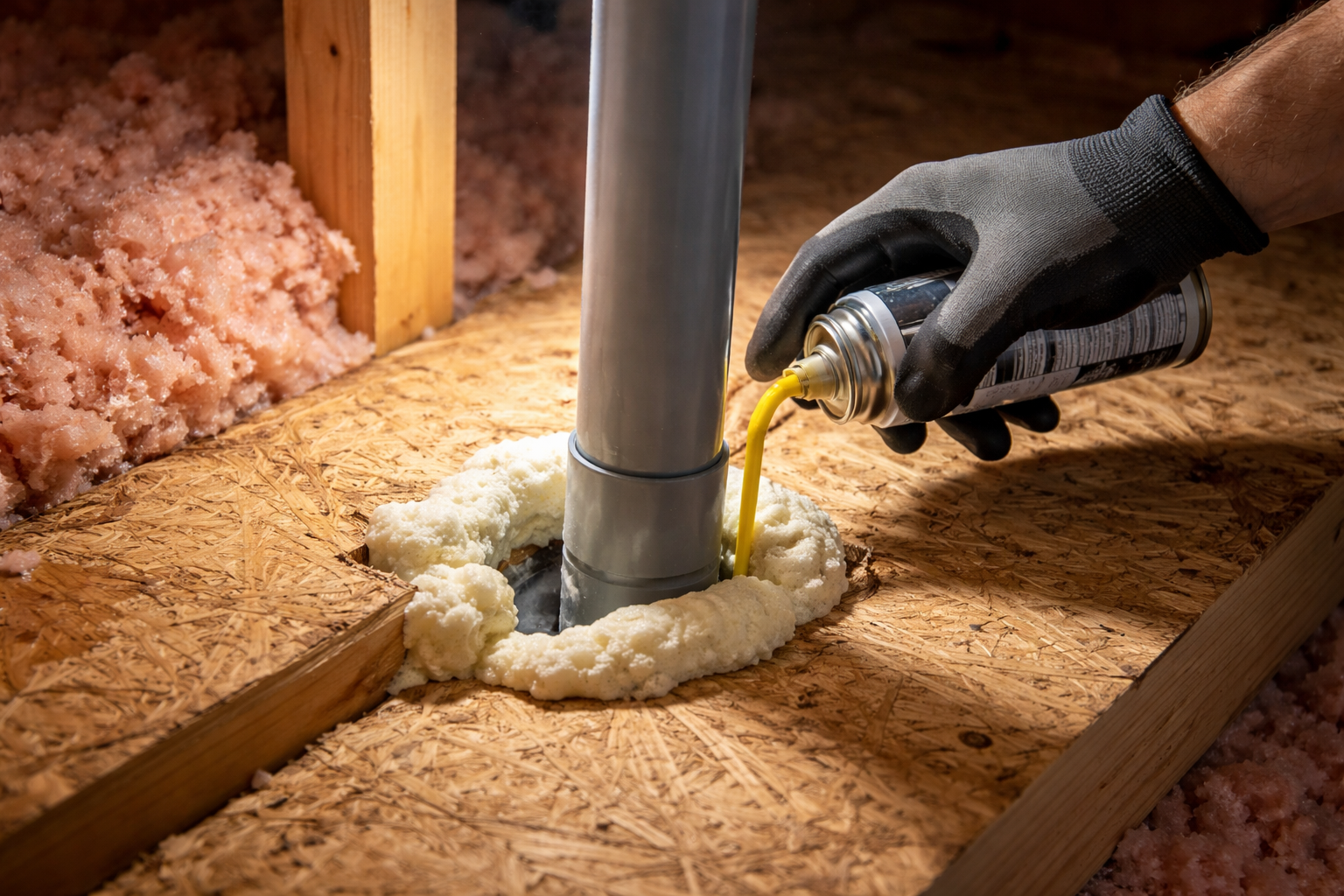 Gloved Hand Sealing Pipe Gap with Work Light-1