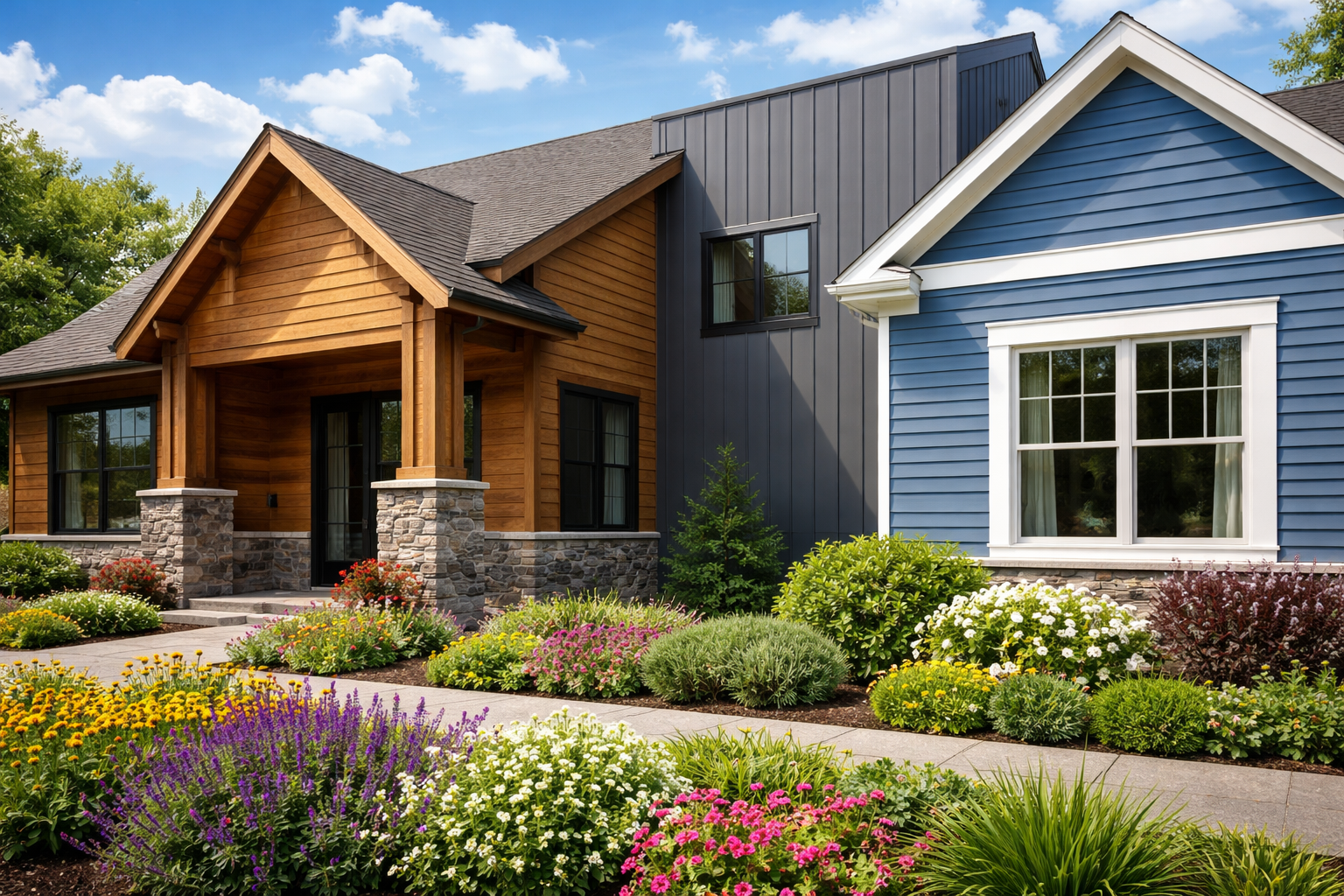 Home Exterior Siding Variety With Wood Metal And Vinyl Contrasts