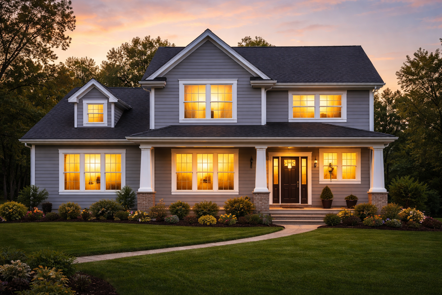 Midwest Home at Golden Hour with Lush Lawn