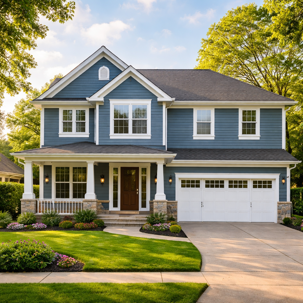 Midwest Home with Blue Siding and Afternoon Light