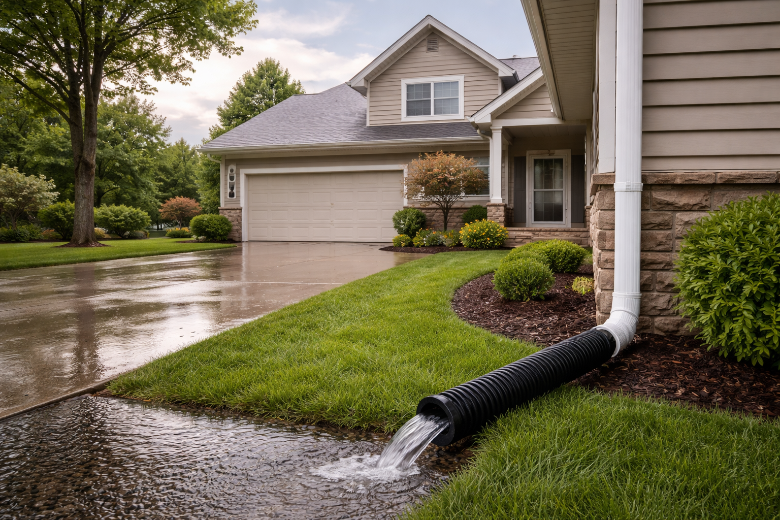 Midwest Home with Wet Driveway and Lush Lawn After Rain-1
