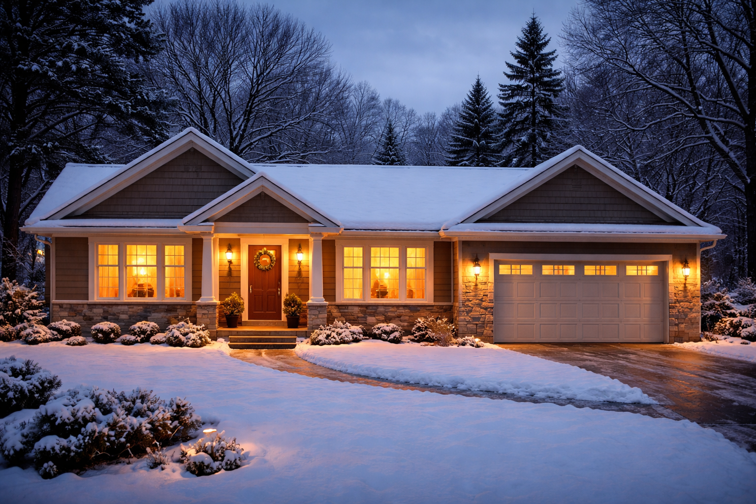 Midwest Ranch Home in Winter with Snow and Warm Interior Light-1