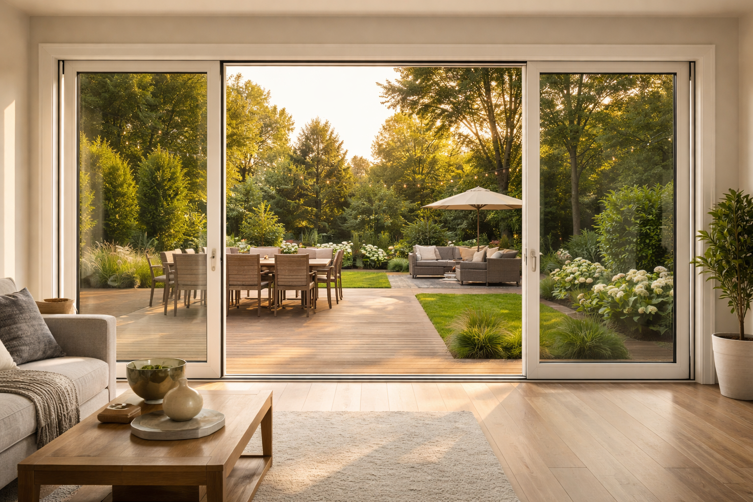 Modern Living Room with Golden Hour Light through Sliding Door-1