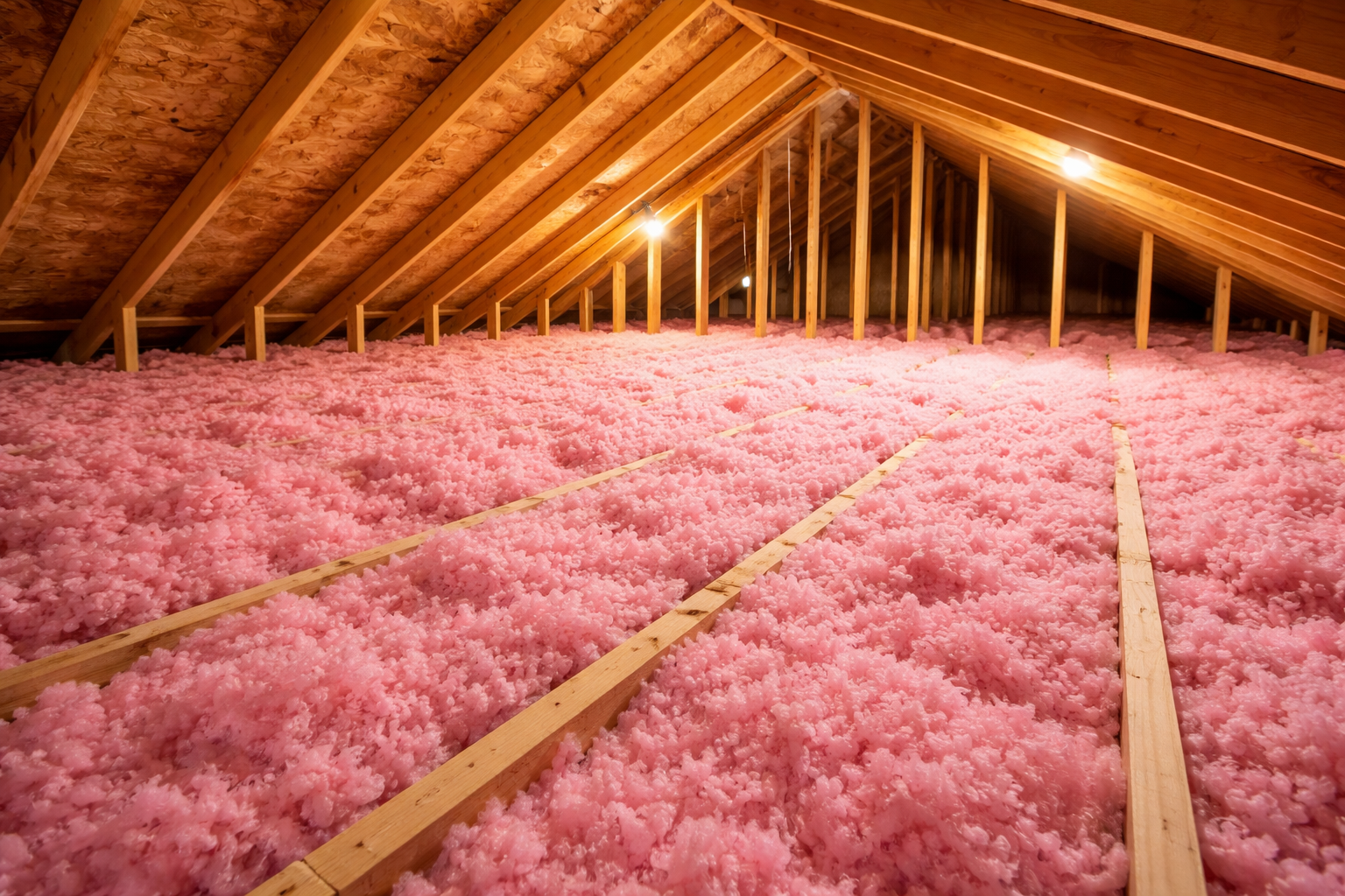 Pink Insulation in Attic Space with Warm Lighting and Visible Trusses-1