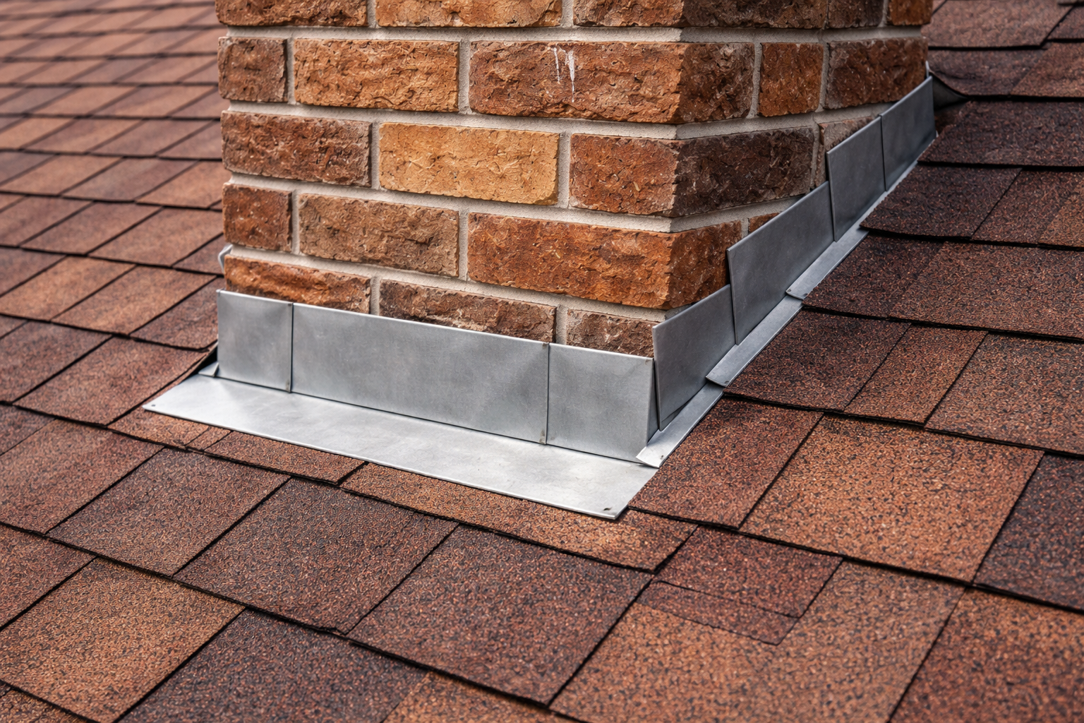 Residential Roof Chimney Detail with Flashing and Shingles