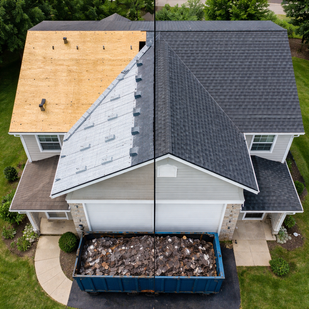 Residential Roof Replacement in Progress Aerial View