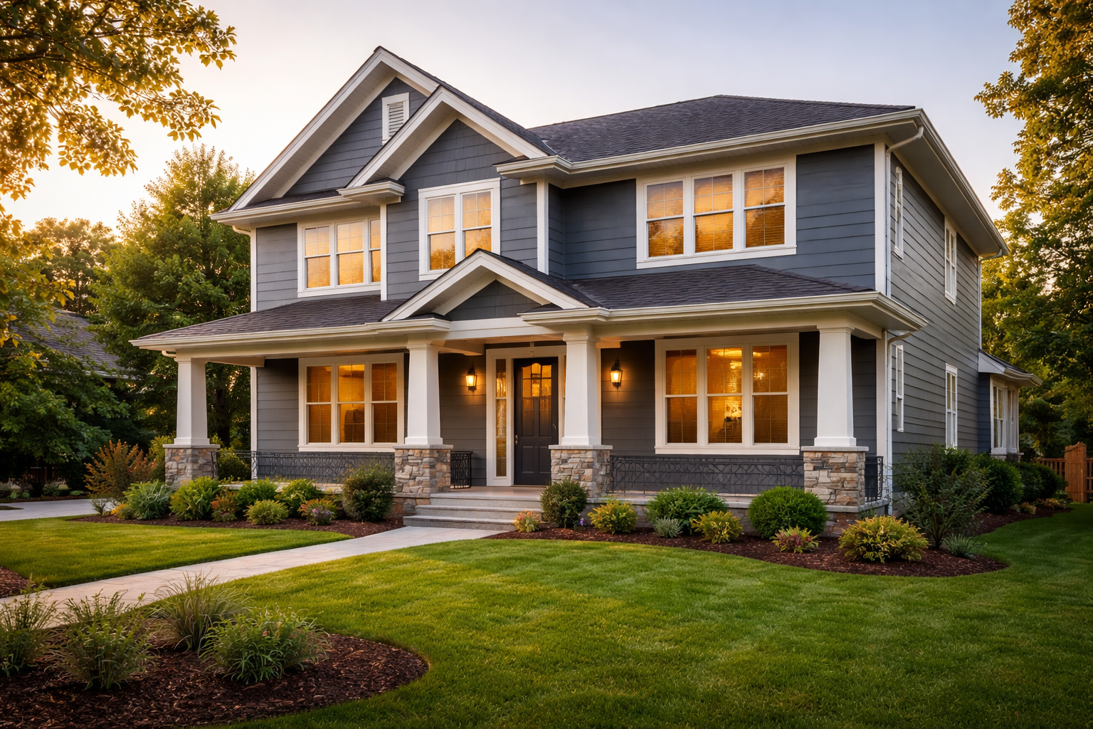 Slate Gray Siding on Midwest Home at Golden Hour